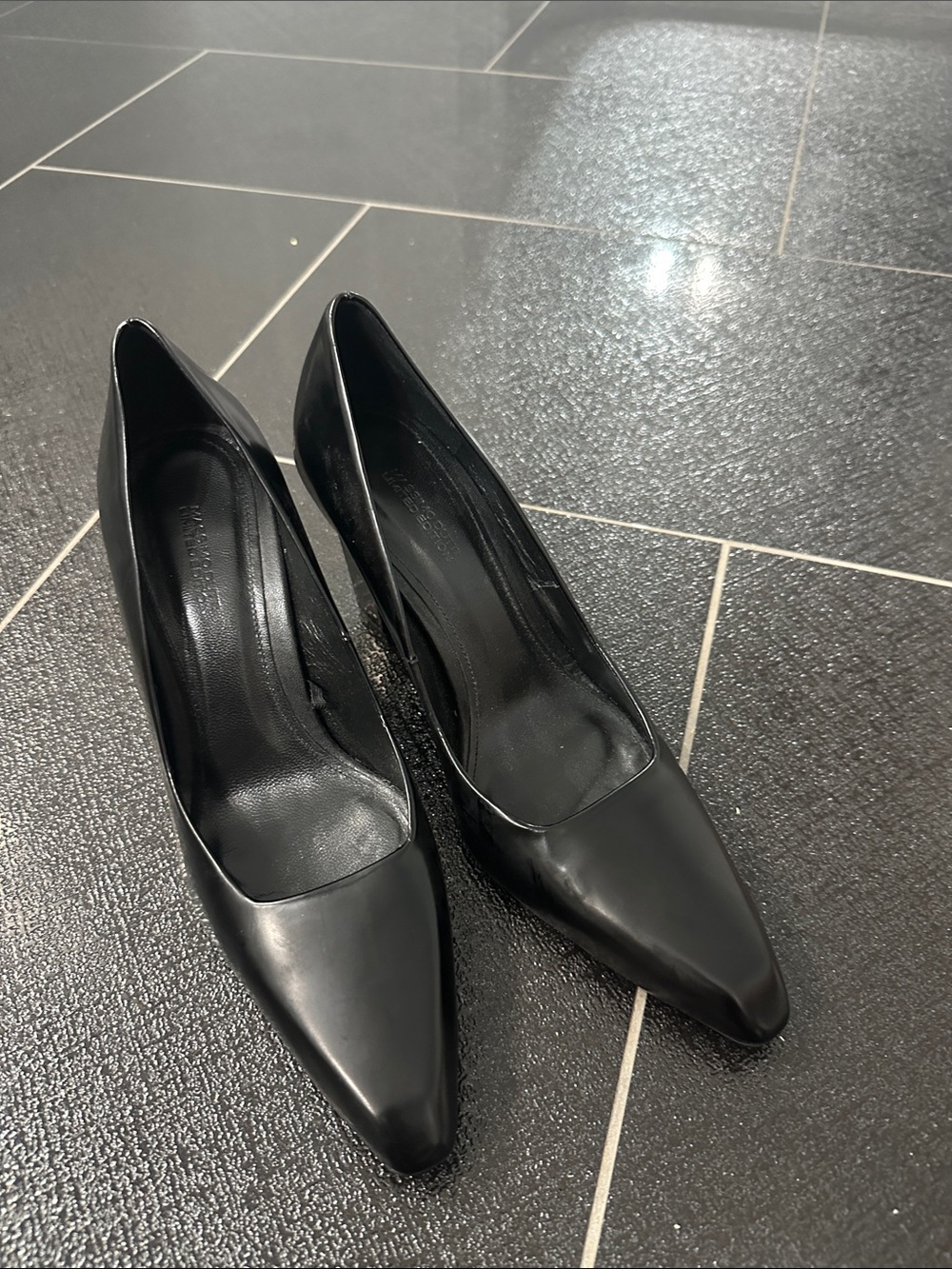 Massimo Dutti Collection Black Leather Pointed Toe Block Heel Pumps
